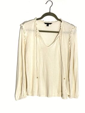 Lauren Ralph Lauren Ruffle Trim Linen/Rayon Blend Boho Top In winter Cream Sz M